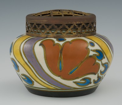 A Gouda Vase with Gilt Metal Potpourri 132cff