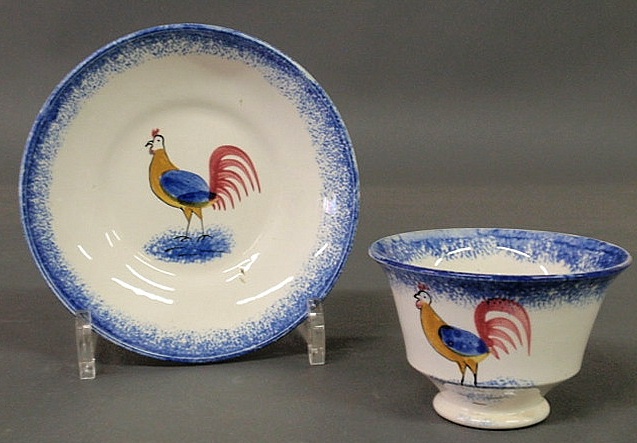 Rare rooster blue spatterware handleless 15ae6b