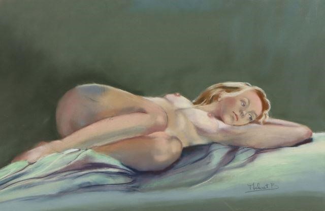 FRENCH PASTEL DRAWING RECLINING 35744e