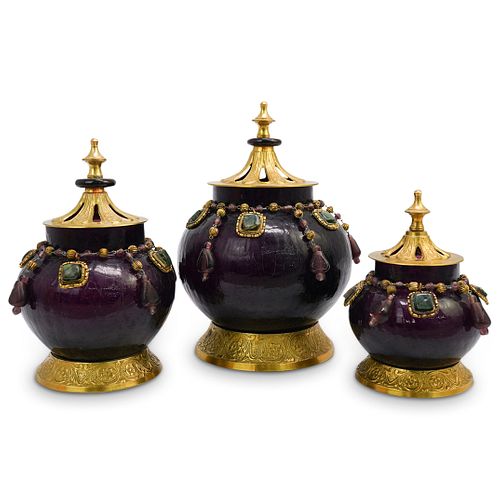  3 PC EXOTIC JEWELED INDIAN CANISTER 3904b6