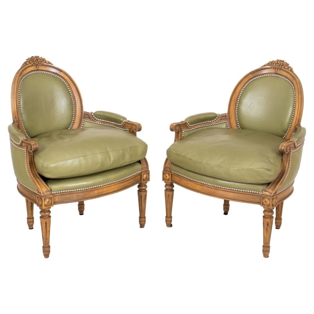 LOUIS XVI STYLE GREEN LEATHER BERGERE