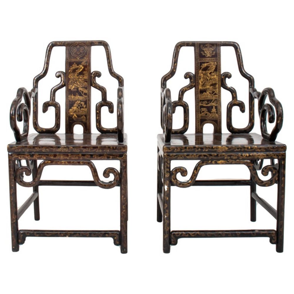 CHINESE BLACK LACQUER GILT ARMCHAIRS  3ceaa9