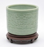 CHINESE CELADON JARDINIERE ON STAND.Chinese