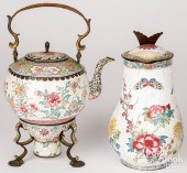 CHINESE QING ENAMEL KETTLE, STAND,