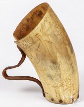 SCRIMSHAW HORN CUP, 19TH C., WITH