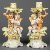 MEISSEN STYLE PAINTED FIGURAL CANDLESTICKS,