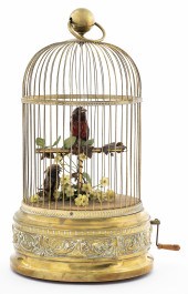 FRENCH SINGING BIRD IN GILT CAGE