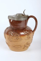 Salt glazed brown & tan pitcher,