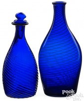 TWO COBALT GLASS BOTTLES, MID 19TH