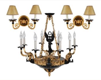 EMPIRE STYLE GILT METAL CHANDELIER and SCONCES