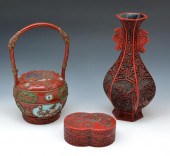 TWO CHINESE CINNABAR PIECES & WOODEN