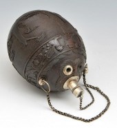 FRENCH COCONUT SHELL CARVED FLASK, 19TH