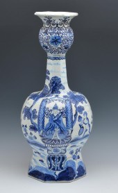 EARLY DELFT BLUE AND WHITE TALL VASE,