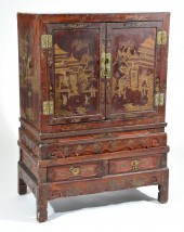 CHINESE RED LACQUER CABINET, FLORAL