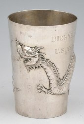 CHINESE EXPORT SILVER DRAGON MOTIF CUP,