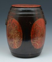 CHINESE WOODEN RED LACQUER BARREL WITH