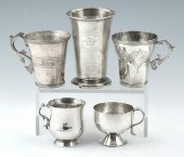 5 EARLY SILVER CUPS, UNMARKED. TALLEST: