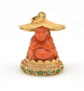 18K YELLOW GOLD & CARVED CORAL BUDDHA