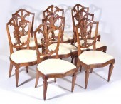 8 FRENCH CARVED WALNUT SHIELD BACK CHAIRS,
