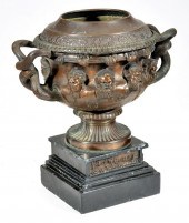 FRENCH BRONZE URN ON PLINTH, 19TH C.French