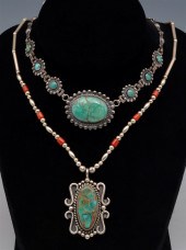TWO MEXICAN TURQUOISE AND SILVER NECKLACESTwo