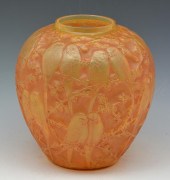 R LALIQUE PERRUCHES VASE, 10 TALL.R