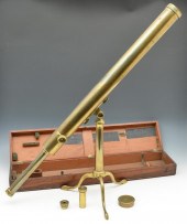 19TH C. ENGLISH CASED TELESCOPE ON STAND,