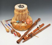 GROUPING OF NATIVE AMERICAN DRUMS, FLUTES,