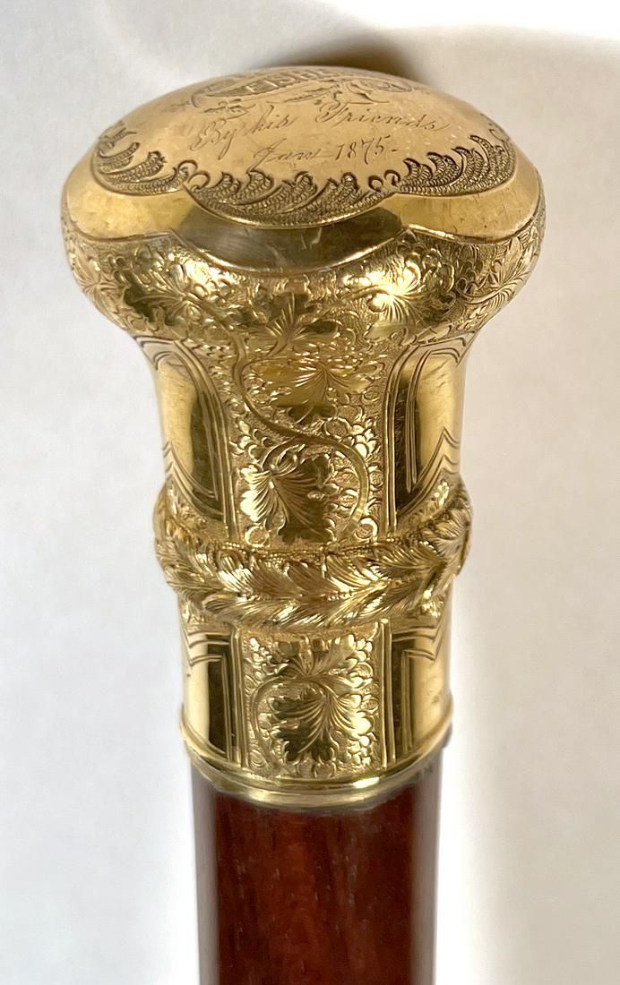 19TH C MAHOGANY ROLLED GOLD HANDLE 3d2282