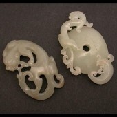 2 CHINESE RETICULATED JADE DRAGON TOGGLES,