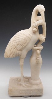 WHITE MARBLE STORK WITH VASE ON SQUARE