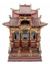 CHINESE RED LACQUER MINIATURE PAGODA