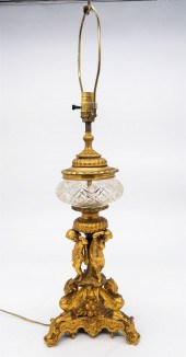 FRENCH GILT METAL LAMP WITH CUT GLASS