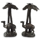 PAIR OF ORIENTALIST STYLE BRONZE CANDLE