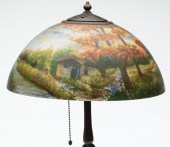 HANDEL GLASS AND BRONZE LAMP WITH PAINTED
