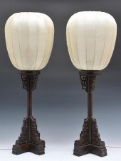 TWO JAPANESE WOOD CARVED TABLE LAMPSTwo