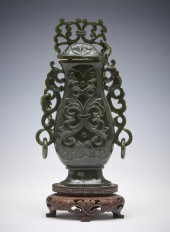 CHINESE CARVED GREEN JADE URN ON STAND,