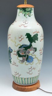 CHINESE CERAMIC VASE/LAMP WITH FU DOGS.