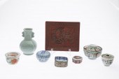7 CHINESE CERAMIC ARTICLES AND A LACQUER