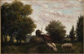 E. WEBER, LANDSCAPE WITH SHEEP, OIL