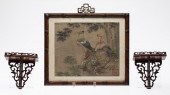 CHINESE PAINTING ON SILK AND PAIR OF