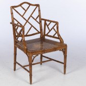 FAUX BAMBOO AND CANED OPEN ARMCHAIR,