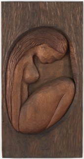 S. OLSEN, CARVED WOOD PANEL OF A WOMANsigned