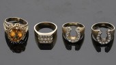 THREE MENS 14K GOLD AND STONE RINGS
