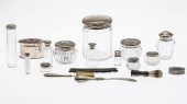11 VARIOUS GLASS AND SILVER JARS AND
