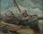 AUGUSTA OELSCHIG, BOATS, OIL ON CANVASAugusta