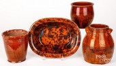 FOUR PIECES OF MANGANESE DECORATED REDWARE,