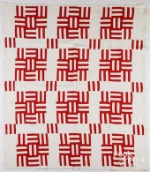 RED AND WHITE PIECED QUILT, CA. 1900Red