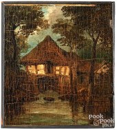ENGLISH OIL ON PANEL OF A THATCHED MILL
