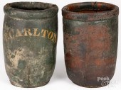 TWO PAINTED LEATHER FIRE BUCKETS, 19TH